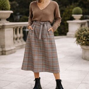 Sweet Salt sz. S pencil midi plaid tweed grey brown LDS belt heritage